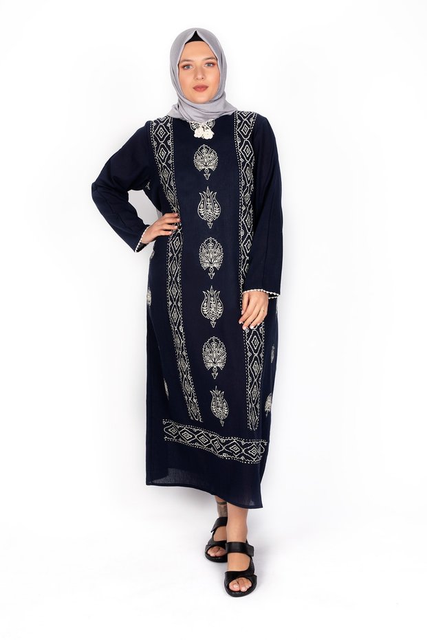 Şilebezi Dress Long Sleeve Dress Summer Hijab Dress Caftan Patterned Navy Blue