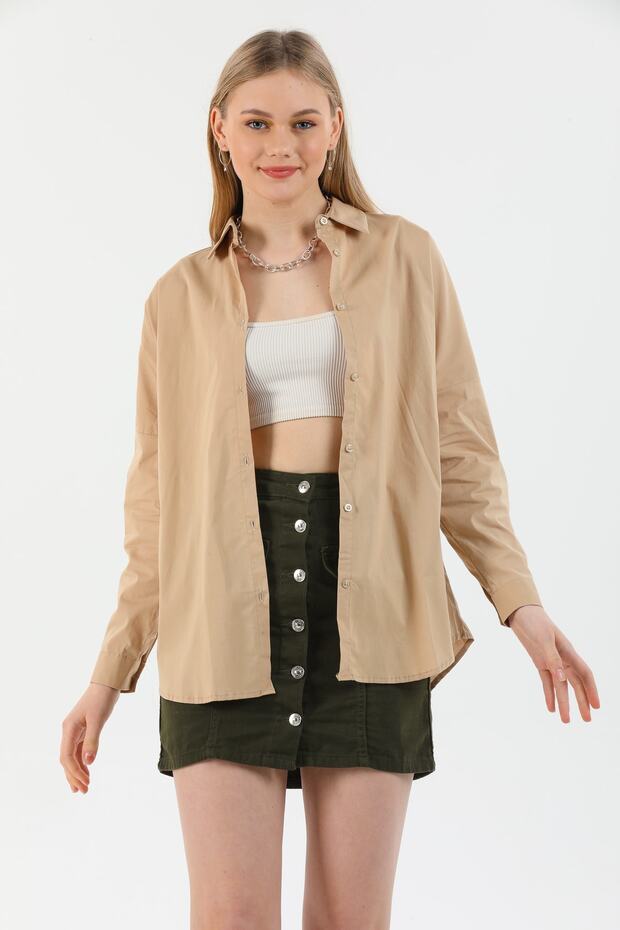 Kadın Bej Oversize Gömlek - 1
