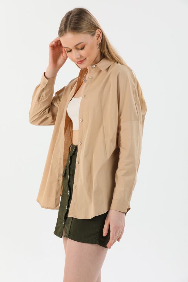 Kadın Bej Oversize Gömlek - 3
