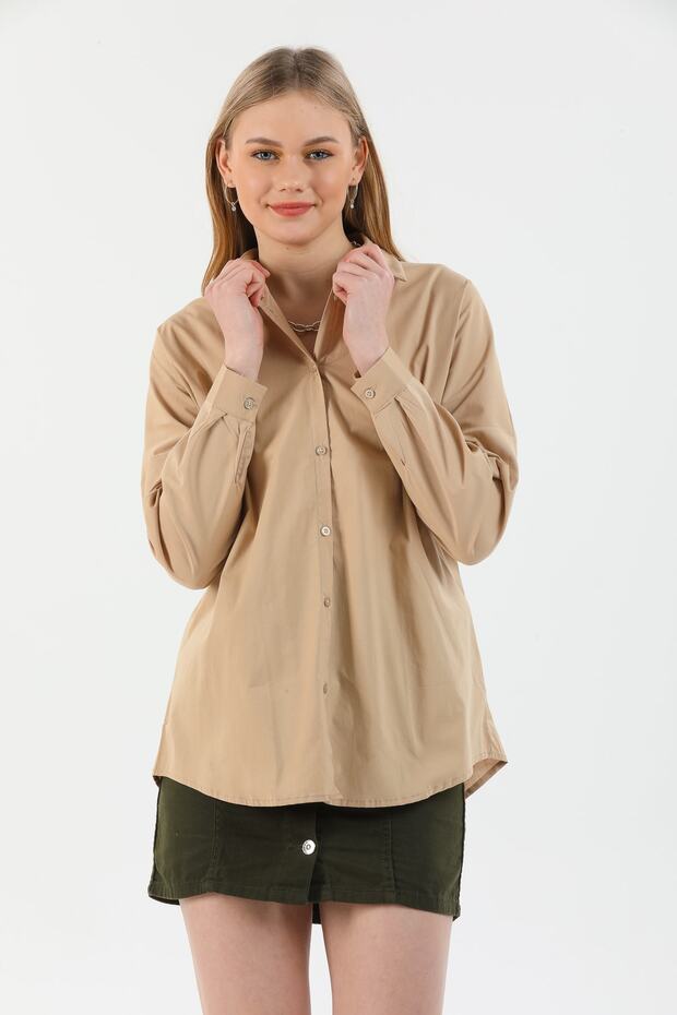 Kadın Bej Oversize Gömlek - 4