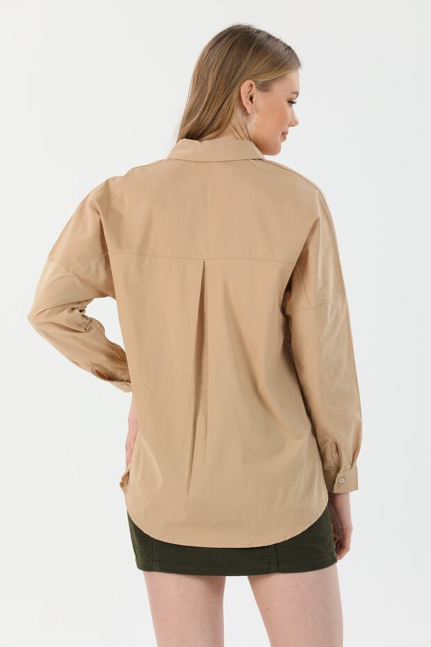 Kadın Bej Oversize Gömlek - 5