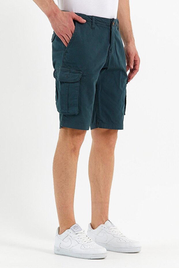 Erkek Pamuklu Bermuda Kargo Çok Cepli Petrol Şort - 1