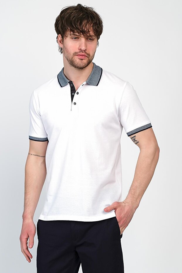 تي شيرت رجالي أساسي سادة بأكمام قصيرة ورقبة بولو بيضاء طويلة - 4
