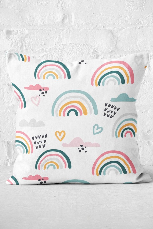 Rainbow, Heart and Cloud Motif Digital Printed Custom Designed Modern Pillow Cushion Cover