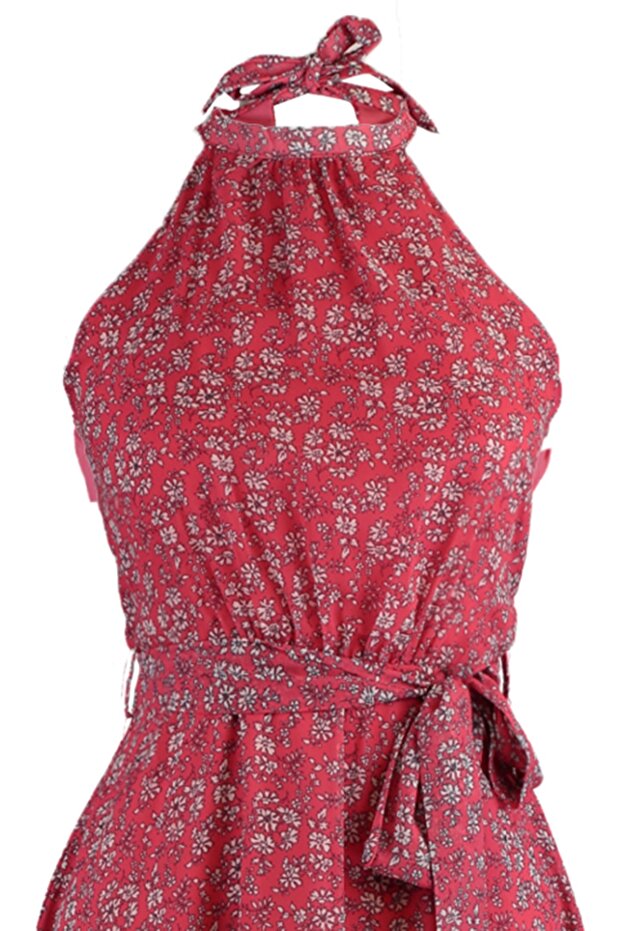 Pembe Çiçek Desenli Kuşaklı A Kesim Halter Yaka Kolsuz Midi Astarlı Dokuma Elbise TWOSS20EL2536 - 11