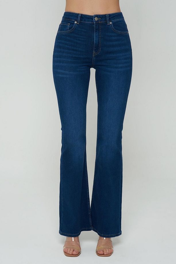 Aurora Koyu Mavi Yüksek Bel Flare Fit Patı Fermuarlı Pantolon Jean C 4528-018 - 2