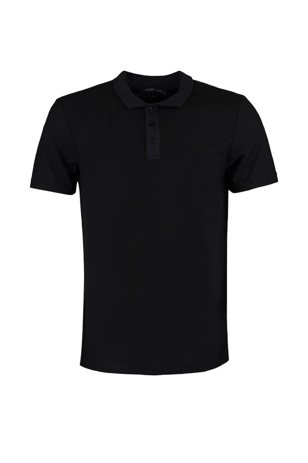Siyah Slim/Dar Kesim Dokulu Düğmeli %100 Pamuk Polo Yaka T-shirt TMNSS20PO0002 - 7