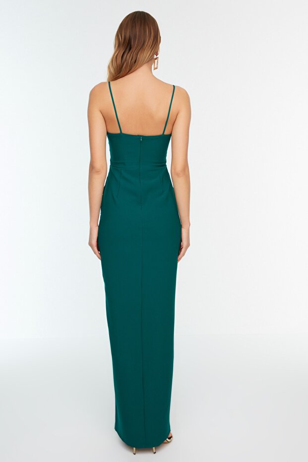 Smaragdově zelené dlouhé večerní šaty s límečkem TPRSS20AE0295 - 5