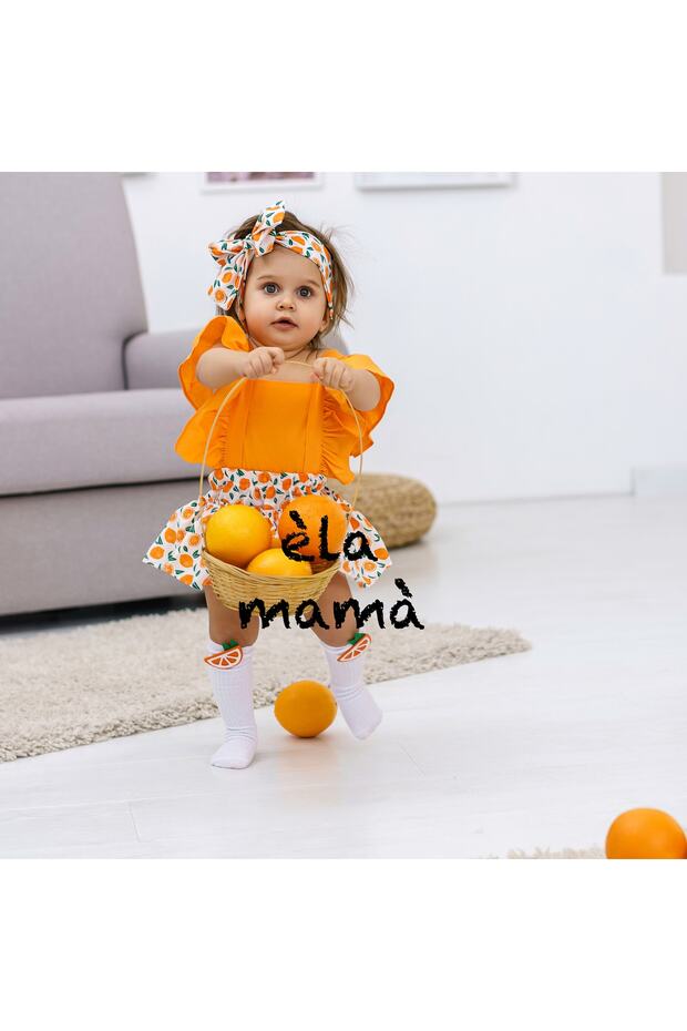 Girl's Orange Patterned Salopet Bandana Orange Socks Set of 3