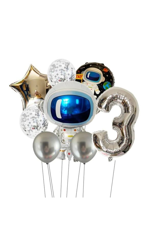 8-Piece Space Themed Astronaut Foil Balloon Set 3 Years Old Silver Number Transparent Sequin and Chrome Balloon