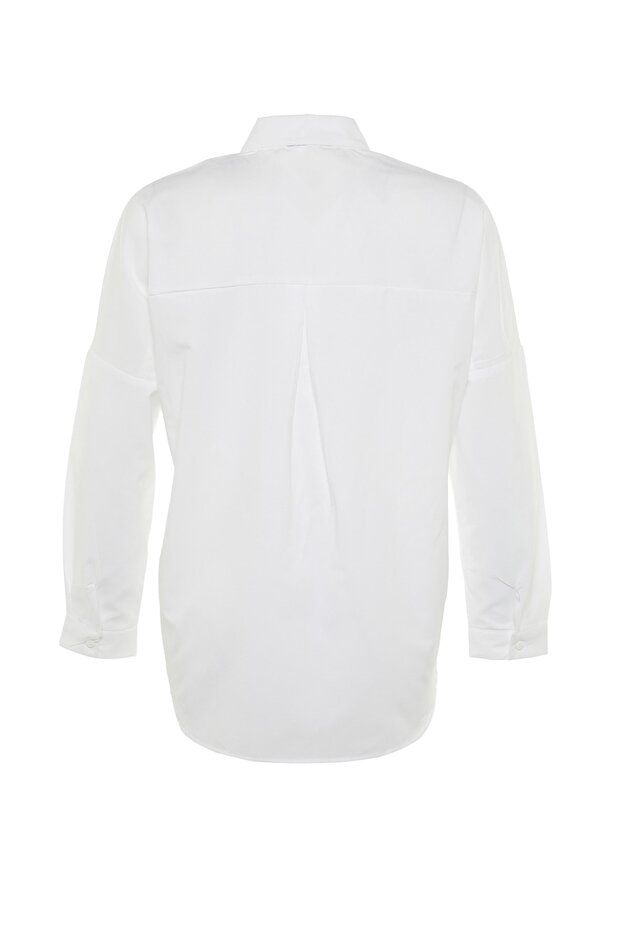 Ekru Pamuklu Oversize Geniş Kalıp Dokuma Gömlek TWOSS22GO0669 - 7
