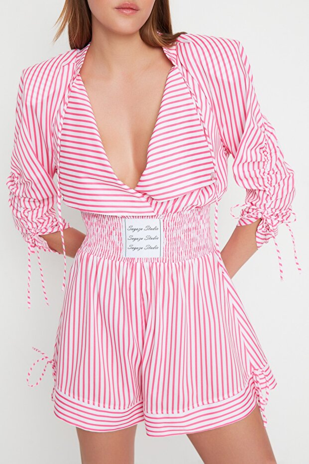 X Sagaza Studio Pembe-Beyaz Çizgili Poplin Tulum TPRSS22TU00000 - 11