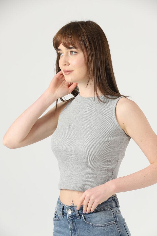 Women's Gray Halter Neck Ribbed Crop Blouse