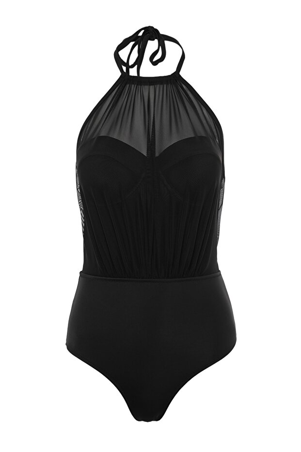 Siyah Mesh Detaylı Halter Yaka Kaplı Hipster Mayo TBESS20MA0035 - 8