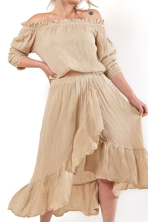 Faven Muslin Ruffle Skirt Beige