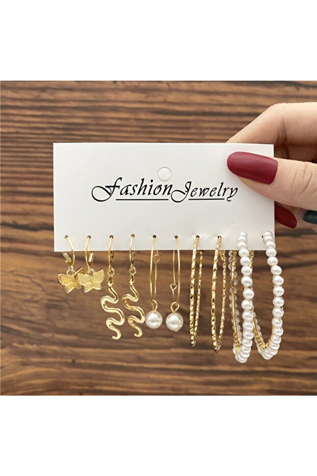 Snake Acrylic and Pearl Gold Gold Ring Multiple Earring Set