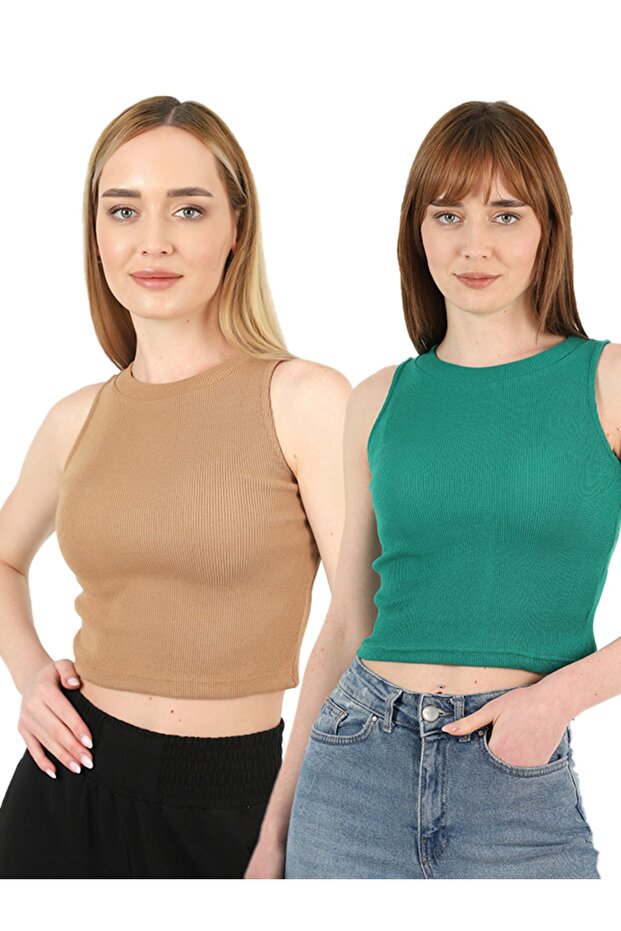 Women's Biscuit Green Halter Neck 2-Piece Crop Blouse