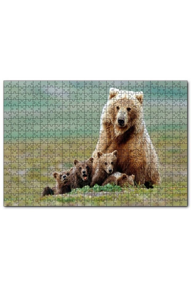 Mother Brown Bear and Her Cute Cubs on Meadow 500 Piece Puzzle Jigsaw Puzzle Mdf (Wooden)