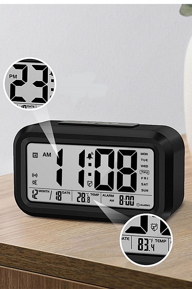 Lcd Ekran Dijital Pilli Gece Işıklı Alarmlı Masaüstü Çalar Saat - 7