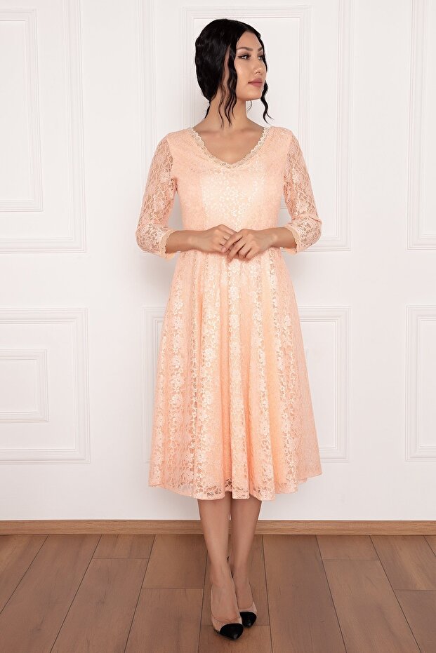 Dantel Turvakar Kol Midi Abiye Elbise 13255 - 1