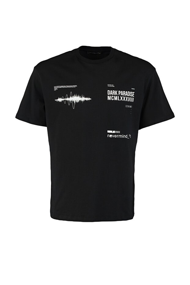 Siyah Oversize/Geniş Kesim Bisiklet Yaka Yazı Baskılı %100 Pamuklu T-Shirt TMNSS20TS1097 - 6