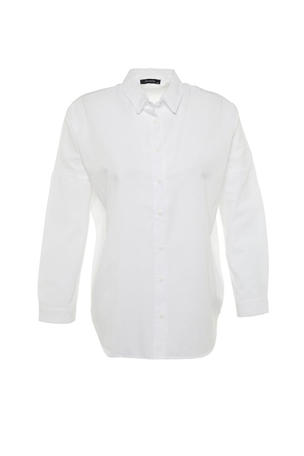 Ekru Pamuklu Oversize Geniş Kalıp Dokuma Gömlek TWOSS22GO0669 - 6