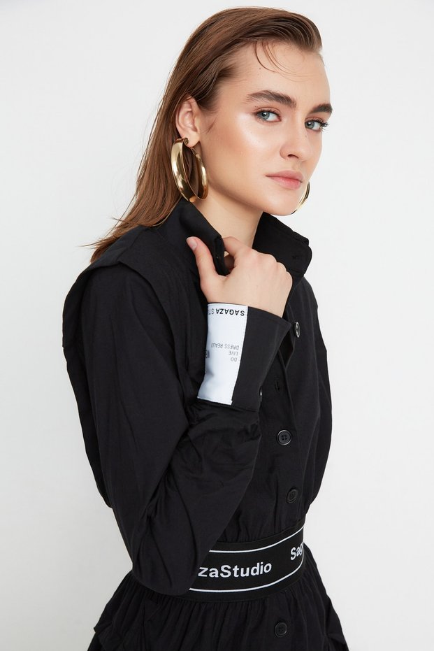 Black A-Line Shirt Collar Short Poplin Woven Dress TPRAW22EL1982