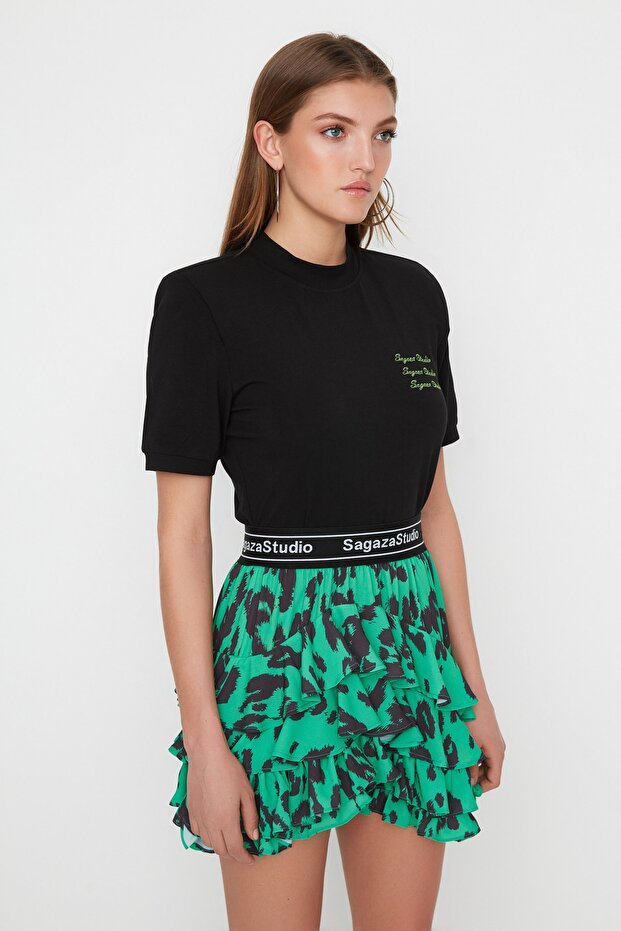 X Sagaza Studio Siyah Nakış Detaylı Örme T-Shirt TPRSS22TS00000 - 3