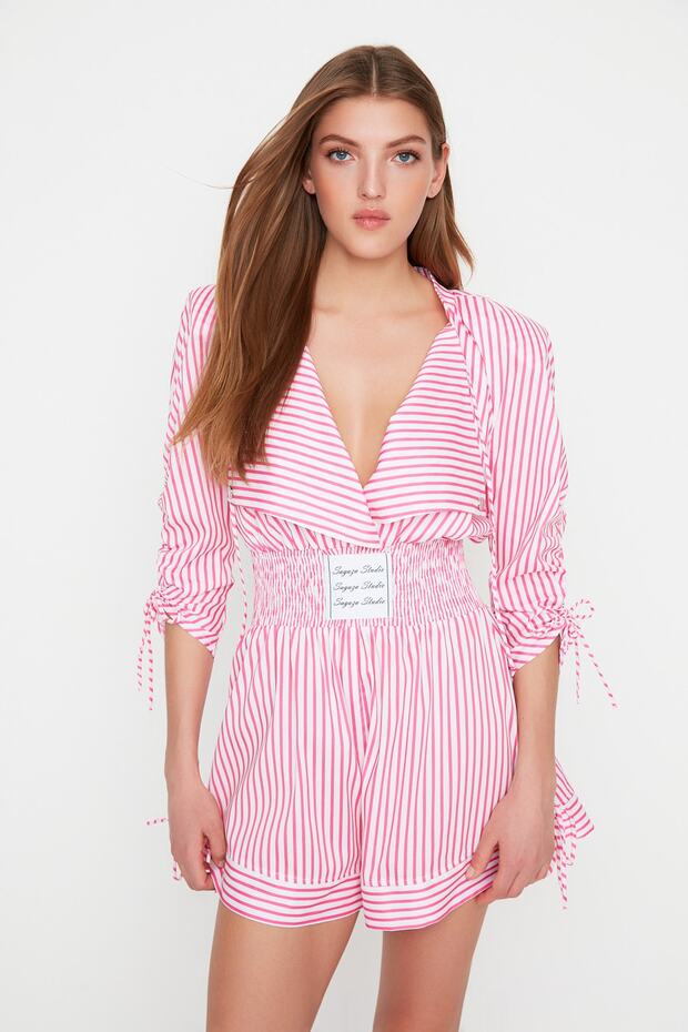 X Sagaza Studio Pembe-Beyaz Çizgili Poplin Tulum TPRSS22TU00000 - 6