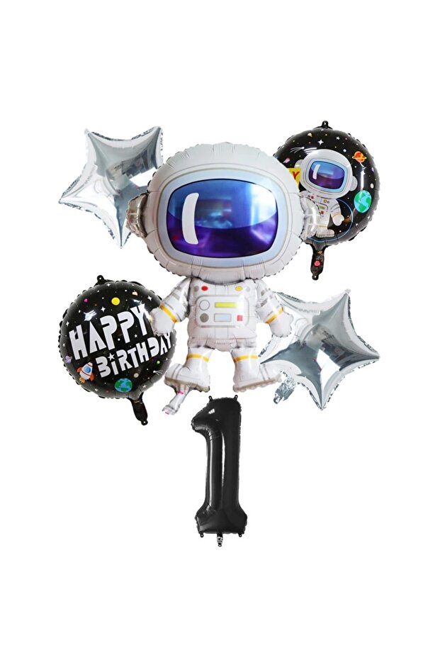 6-Piece Space Themed Astronaut Foil Balloon Set 1 Year Old Black Number Balloon Set Space Star Themed