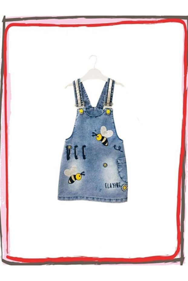 Kız Bebek Sevimli Arı Temalı Kot Elbise - 2