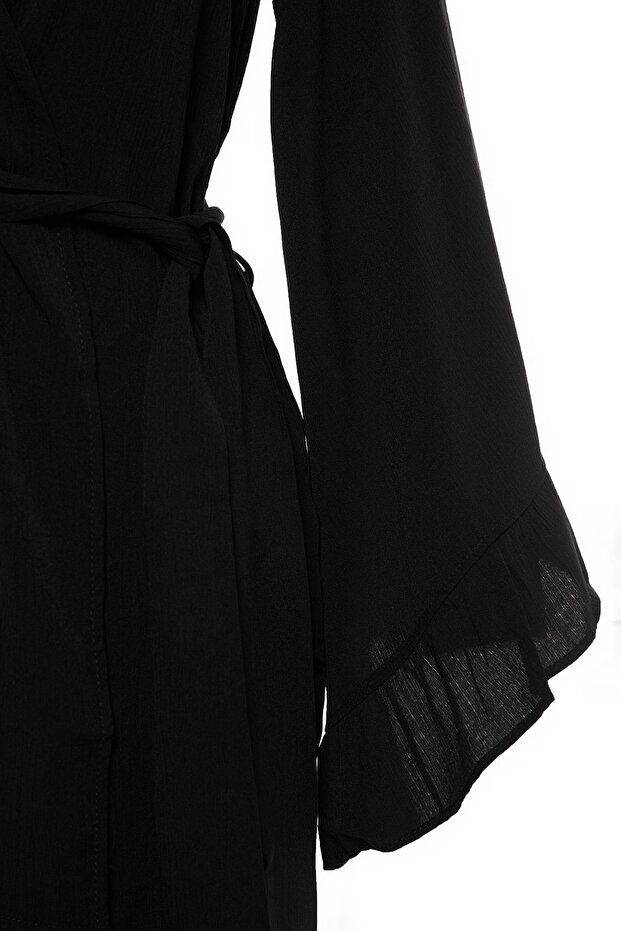 Siyah Dokuma Plaj Mini Kuşaklı Kimono&Kaftan TBESS21KM0002 - 7