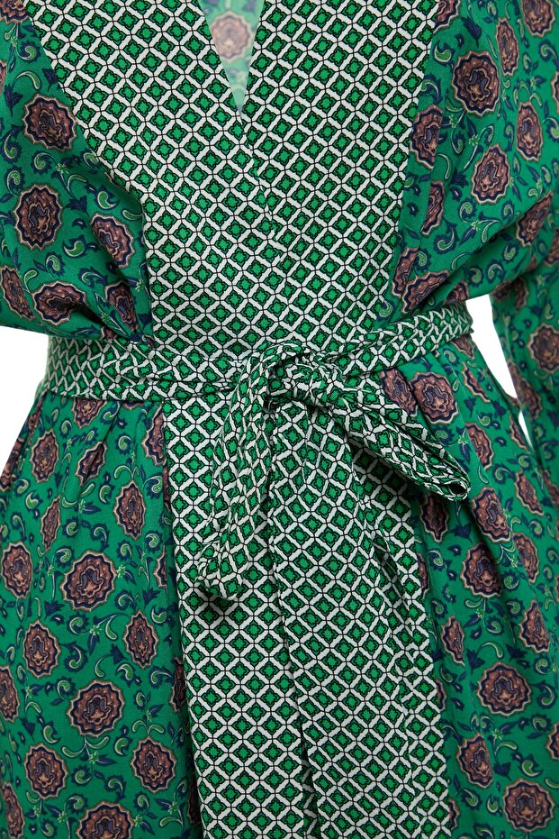 Etnik Desenli Dokuma Maxi Plaj Kuşaklı Kimono&Kaftan TBESS21KM0171 - 7