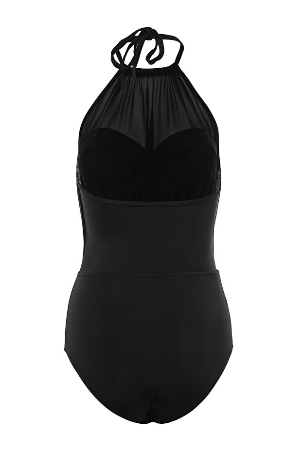 Siyah Mesh Detaylı Halter Yaka Kaplı Hipster Mayo TBESS20MA0035 - 6