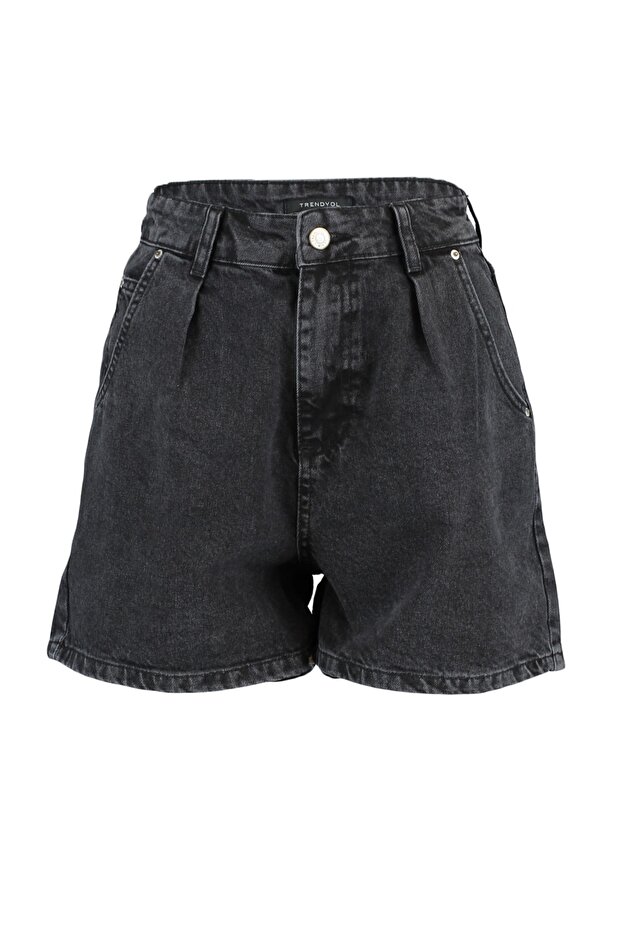 Siyah More Sustainable Pileli Yüksek Bel City Boy Denim Şort TWOSS20SR0129 - 11