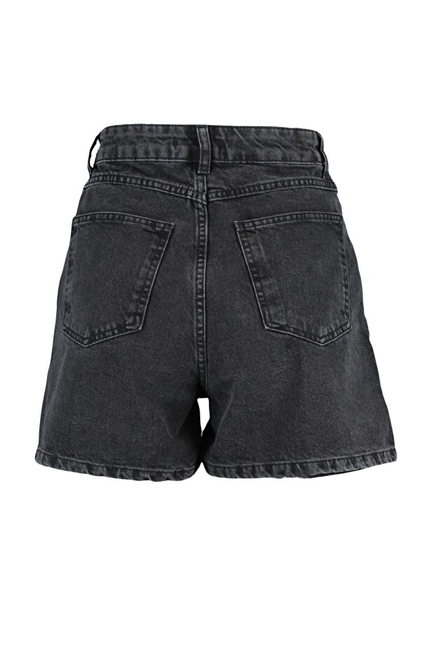 Siyah More Sustainable Pileli Yüksek Bel City Boy Denim Şort TWOSS20SR0129 - 12