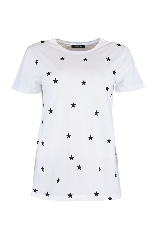 Beyaz %100 Kalın Pamuklu Yıldız Baskılı Regular/Normal Kalıp Örme T-Shirt TWOSS20TS0757 - 7