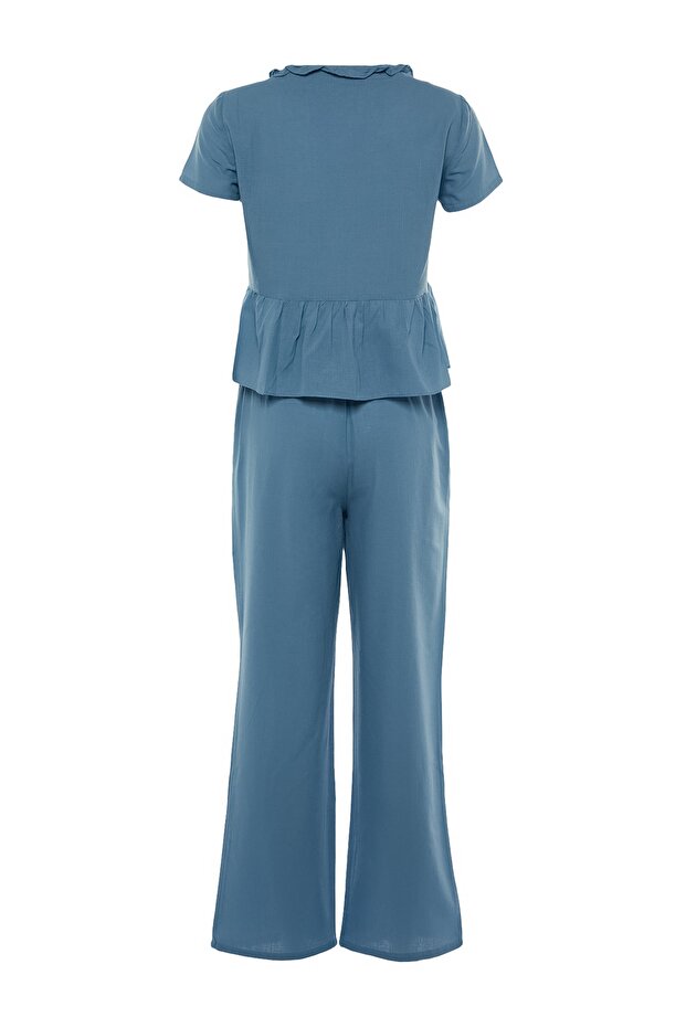 Mavi Fırfırlı T-shirt-Pantolon Viskon Dokuma Pijama Takımı THMSS20PT0095 - 8