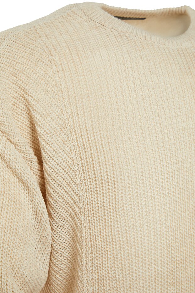 Unisex Beżowy Sweter Oversize Z Dzianiny - Okrągły Dekolt Z Rozcięciem Tmnaw21Kz0552 - 6