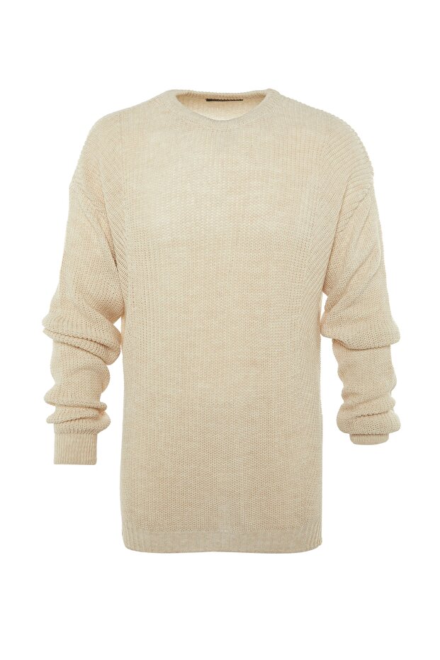 Unisex Beżowy Sweter Oversize Z Dzianiny - Okrągły Dekolt Z Rozcięciem Tmnaw21Kz0552 - 8