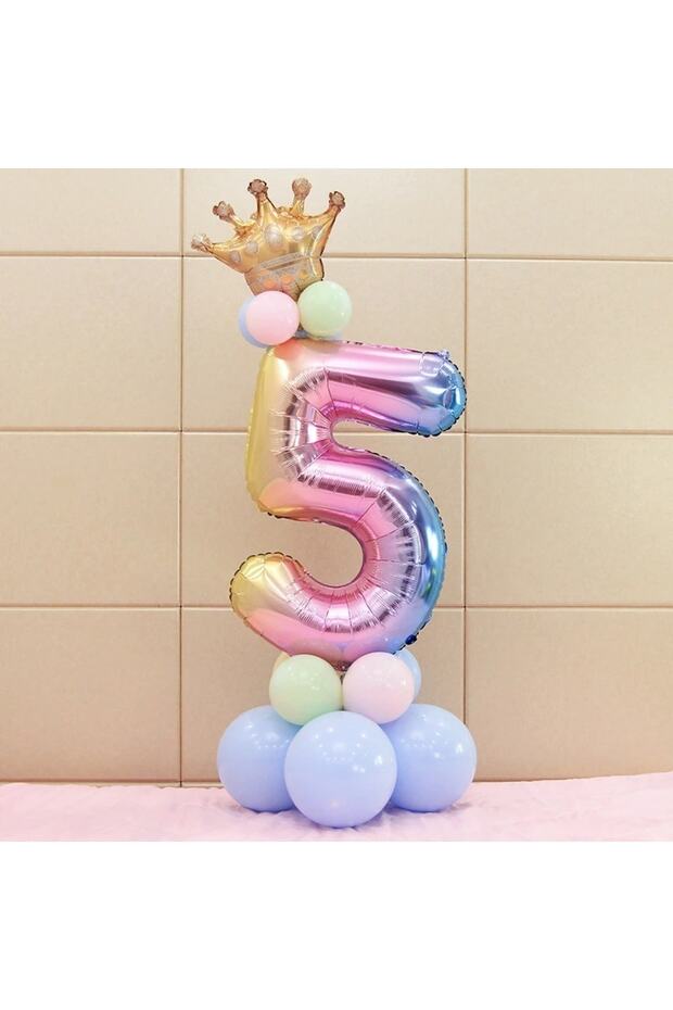 Unicorn Theme Number Balloon Welcome Set 5 Year Old Rainbow Colors 5 Number Balloon with Gold Crown