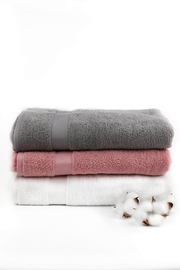 Wave 100% Cotton Bath, Drying, Guest Towel 3 Pieces Size 70x140 Cm Set Pink, White, Gray