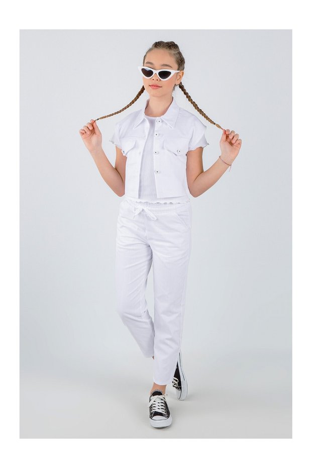 Girl's 8-14 Years Gabardine Trousers 3-Piece Linen Vest Set
