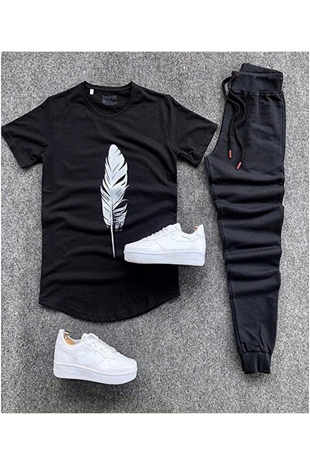Unisex Black Leaf Printed T-Shirt Black Sweatpants Combination Top and Bottom Set