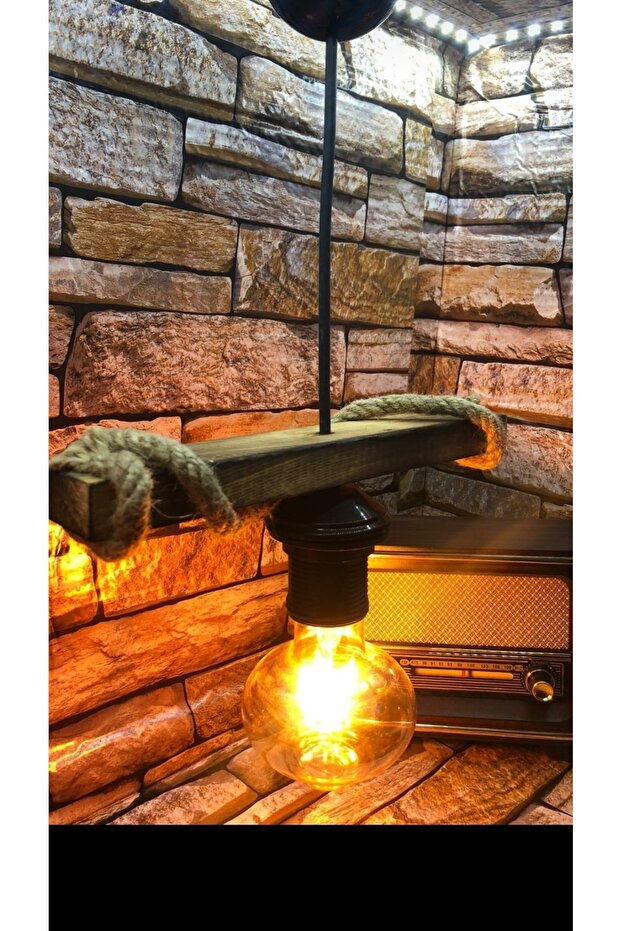 Ahşap Tekli Avize Rustik Halatlı Cam Takiilabir Duy. - 2