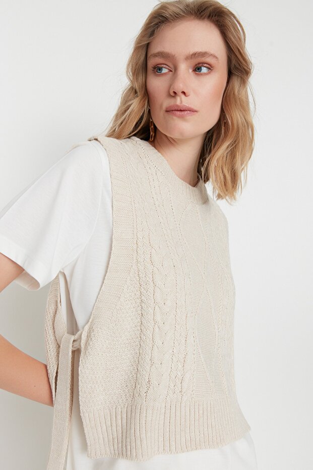 Taş Crop Yandan Kurdele/Fiyonk Bağlama Detaylı Triko Süveter TWOAW22SV0058 - 1
