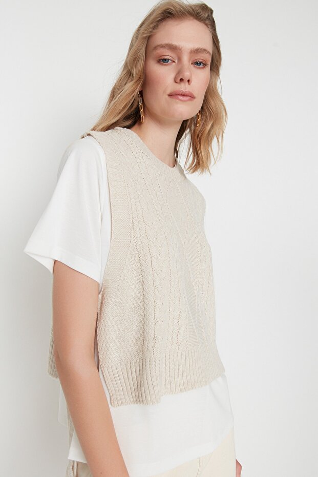 Taş Crop Yandan Kurdele/Fiyonk Bağlama Detaylı Triko Süveter TWOAW22SV0058 - 3