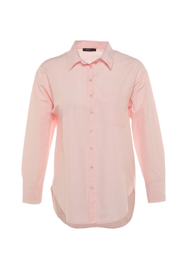 Pembe Tek Cepli Boyfriend/Geniş Kalıp Pamuklu Dokuma Gömlek TWOAW20GO0115 - 8