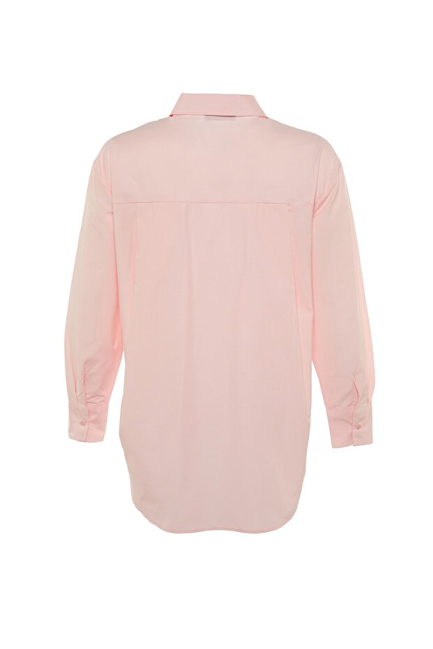 Pembe Tek Cepli Boyfriend/Geniş Kalıp Pamuklu Dokuma Gömlek TWOAW20GO0115 - 9
