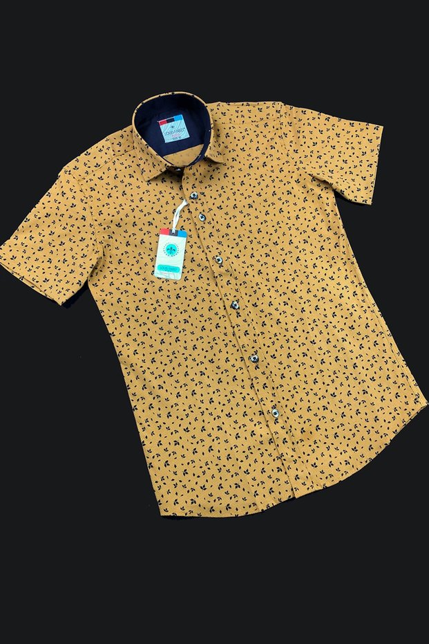 Mustard Black Small Flower Detailed Short Sleeve Children's Shirt